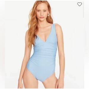 J Crew Blue Deep V Ruched One Piece Swimsuit Sz 14